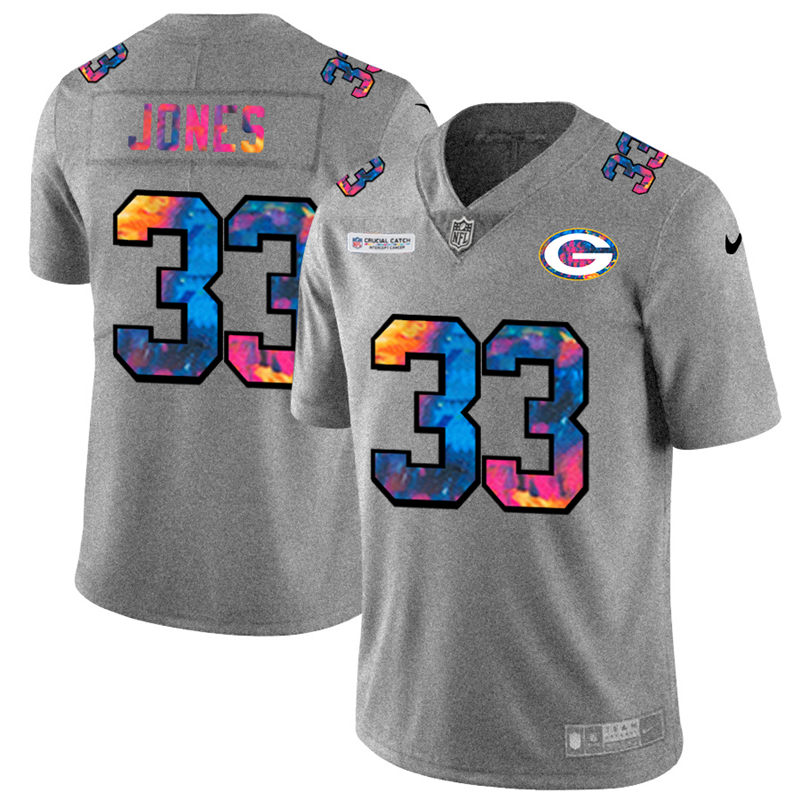 NFL Green Bay Packers #33 Aaron Jones Men Nike MultiColor 2020  Crucial Catch  Jersey Grey